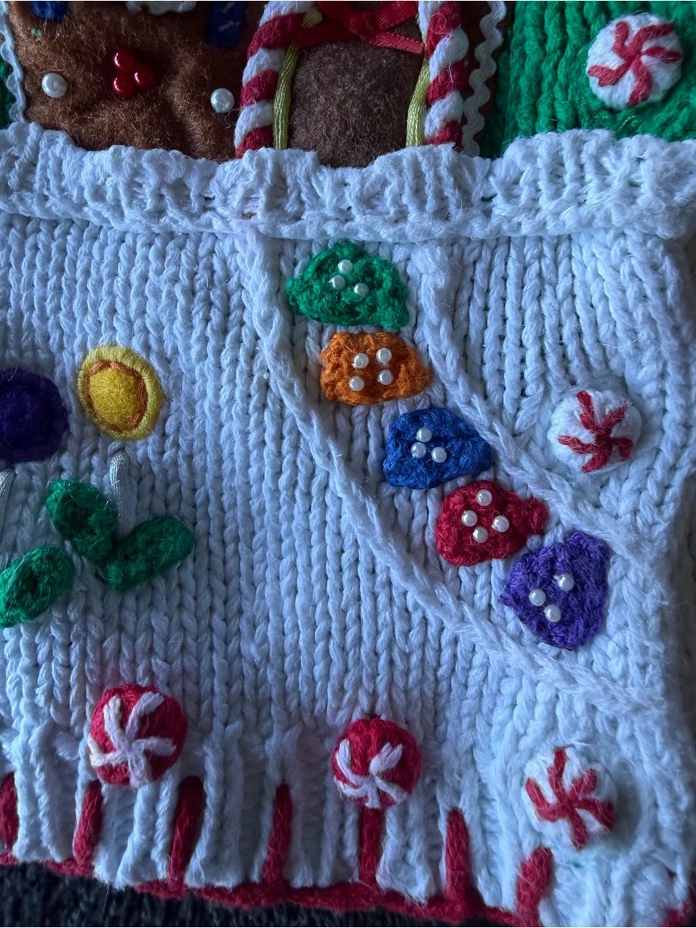 Green & White Gingerbread Holiday Sweater with Candy Decorations